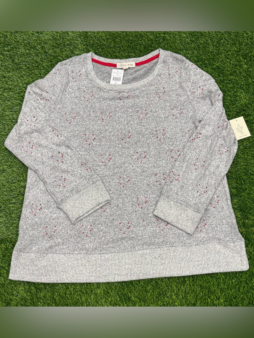 Cactus + Pearl Grey Crewneck Sweater with Embellished Pink Heart Gems - Size XXL